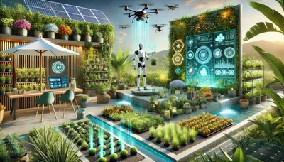 Futuristic Robot Tending To A High Tech Vertical Garden