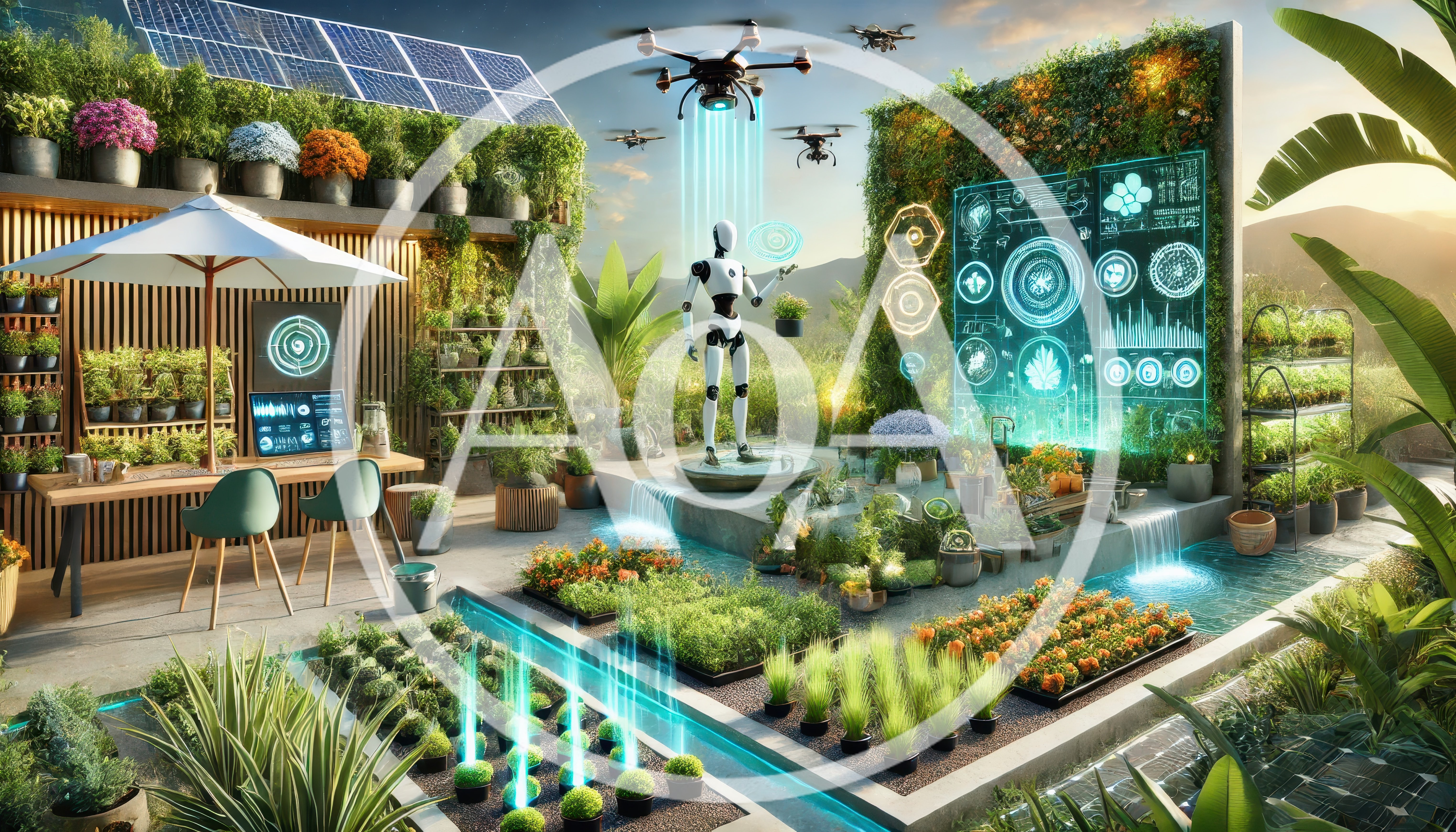 Futuristic Robot Tending To A High Tech Vertical Garden
