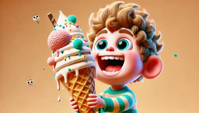3D Cartoon Boy Holding A Large Ice Cream Cone