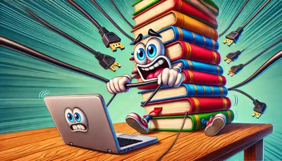 Cartoon Stack Of Books With Laptop And Cables