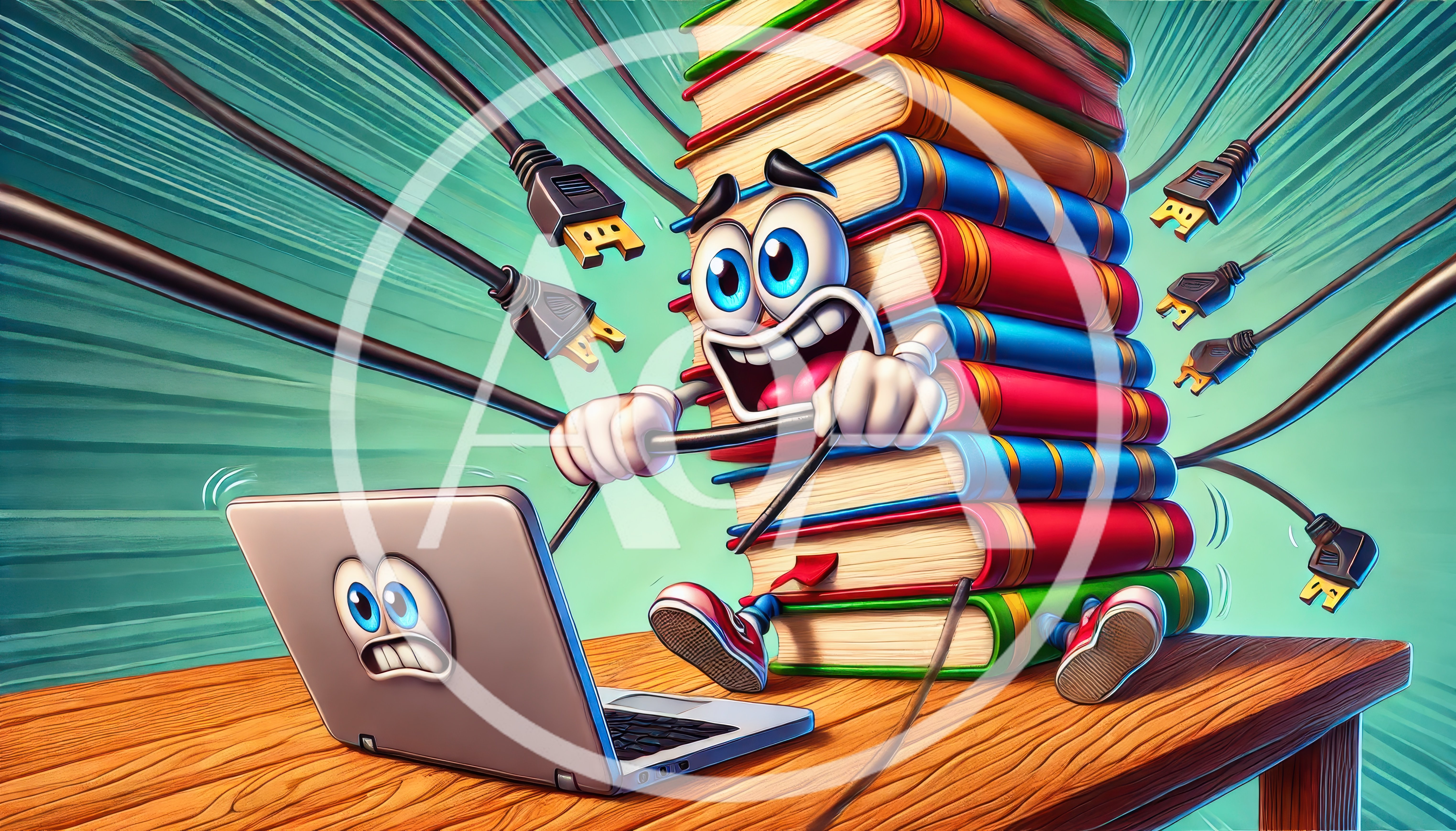 Cartoon Stack Of Books With Laptop And Cables