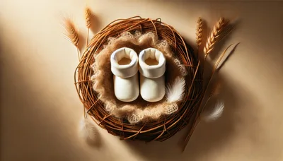 White Baby Booties Resting Inside A Woven Nest