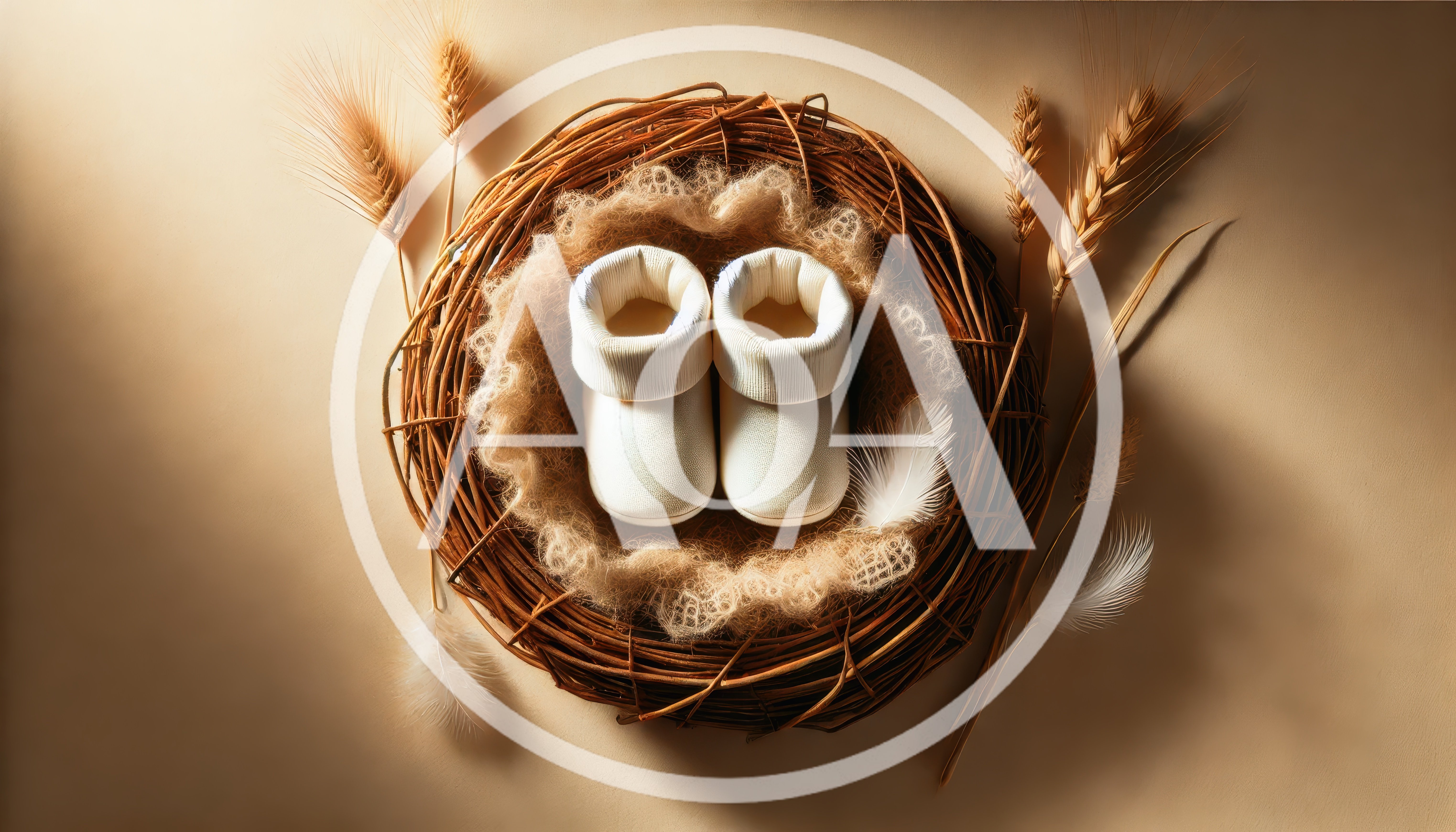 White Baby Booties Resting Inside A Woven Nest