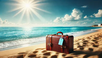 Vintage Leather Suitcase Sitting On A Sunny Tropical Beach