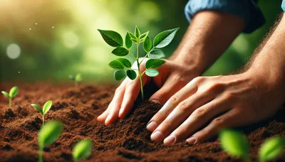 Hands Planting A Young Green Seedling In Soil