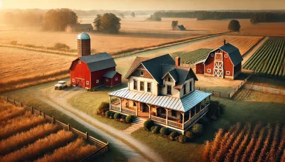 Aerial View Of A Rural Farmhouse And Red Barns