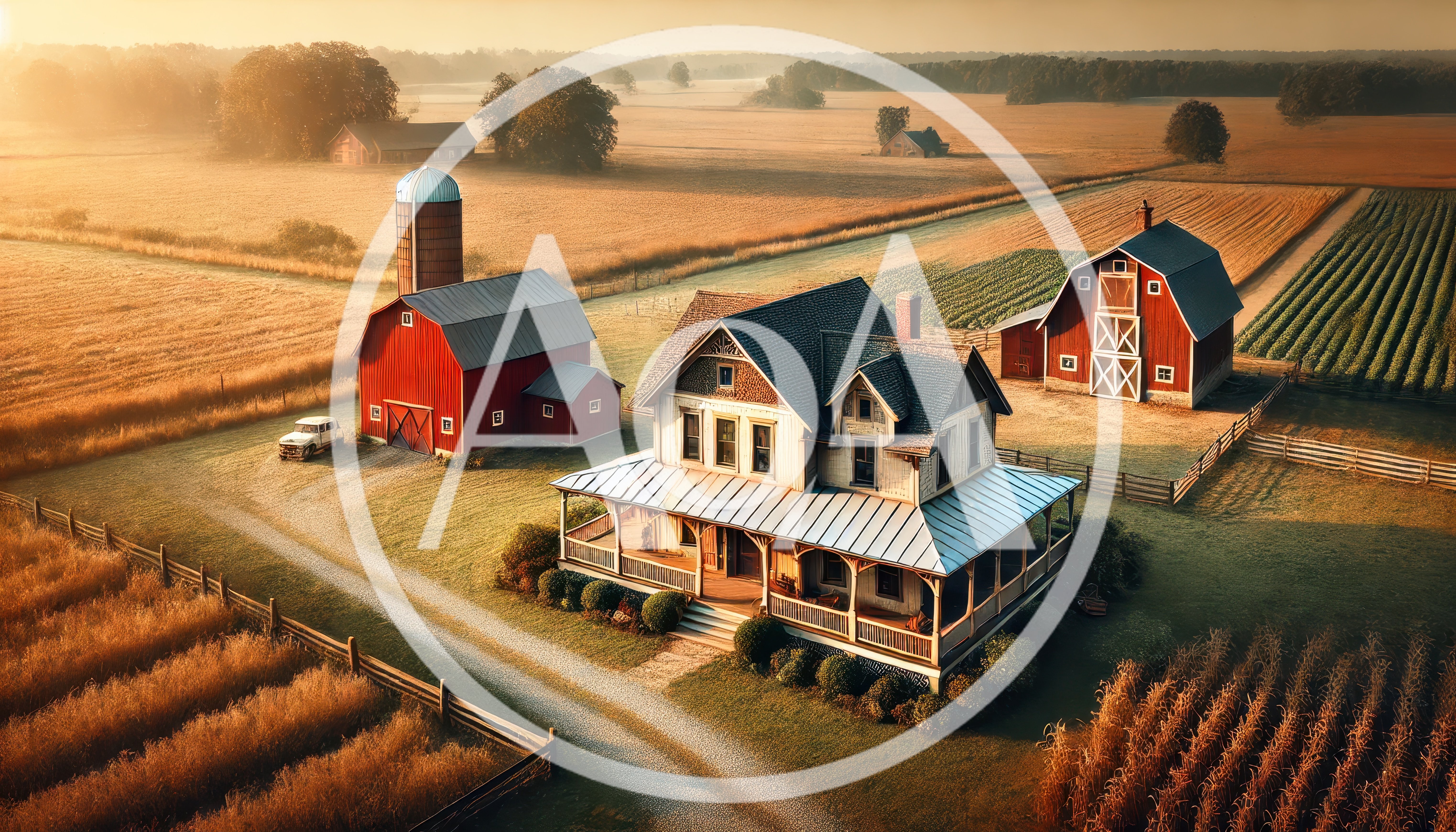 Aerial View Of A Rural Farmhouse And Red Barns
