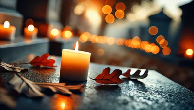 Lit Memorial Candle With Autumn Leaves On Gravestone