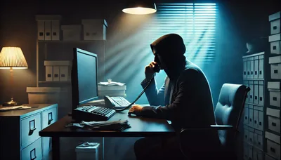 Hacker In Hoodie Making A Phone Call In Office