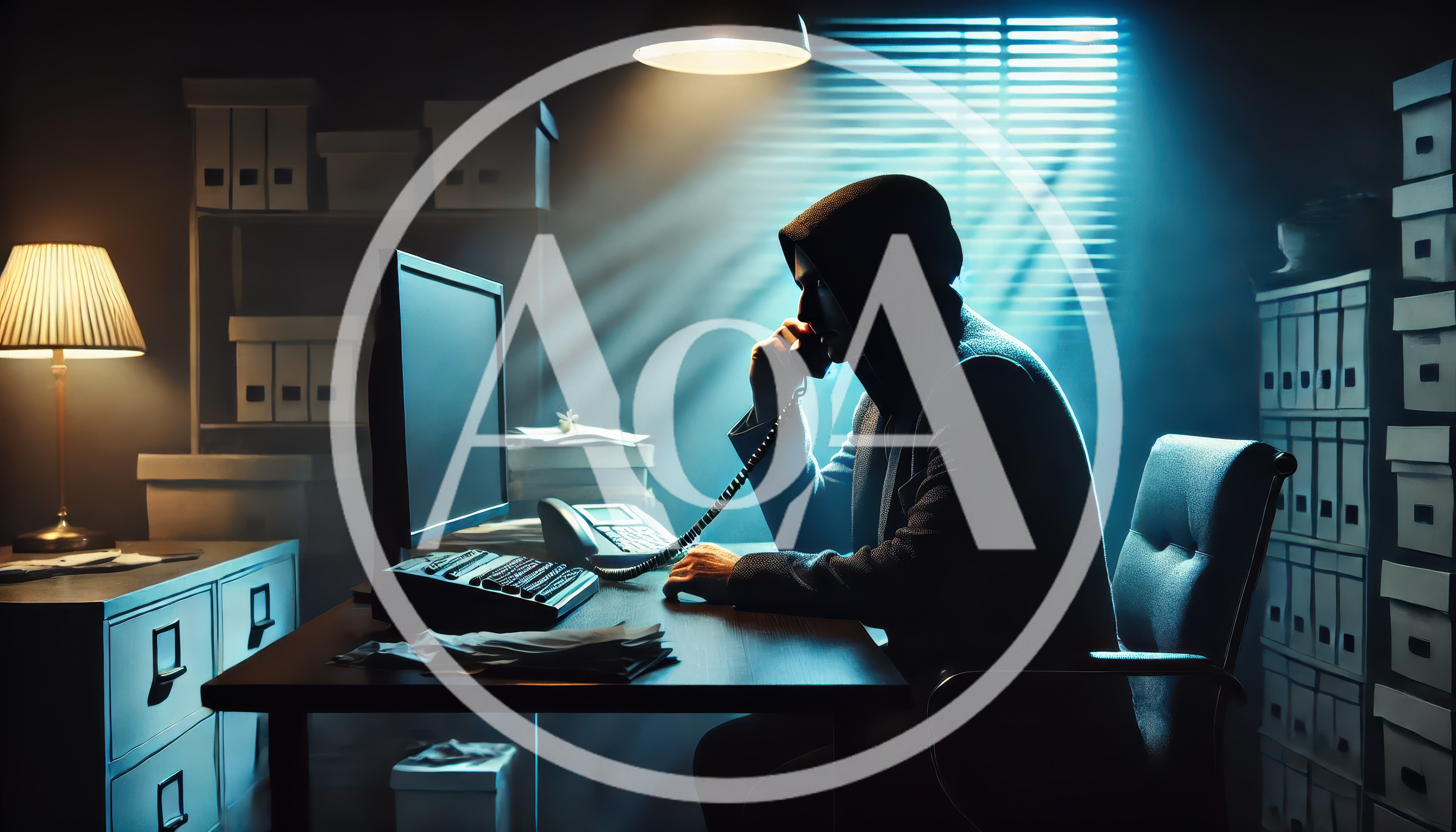 Hacker In Hoodie Making A Phone Call In Office