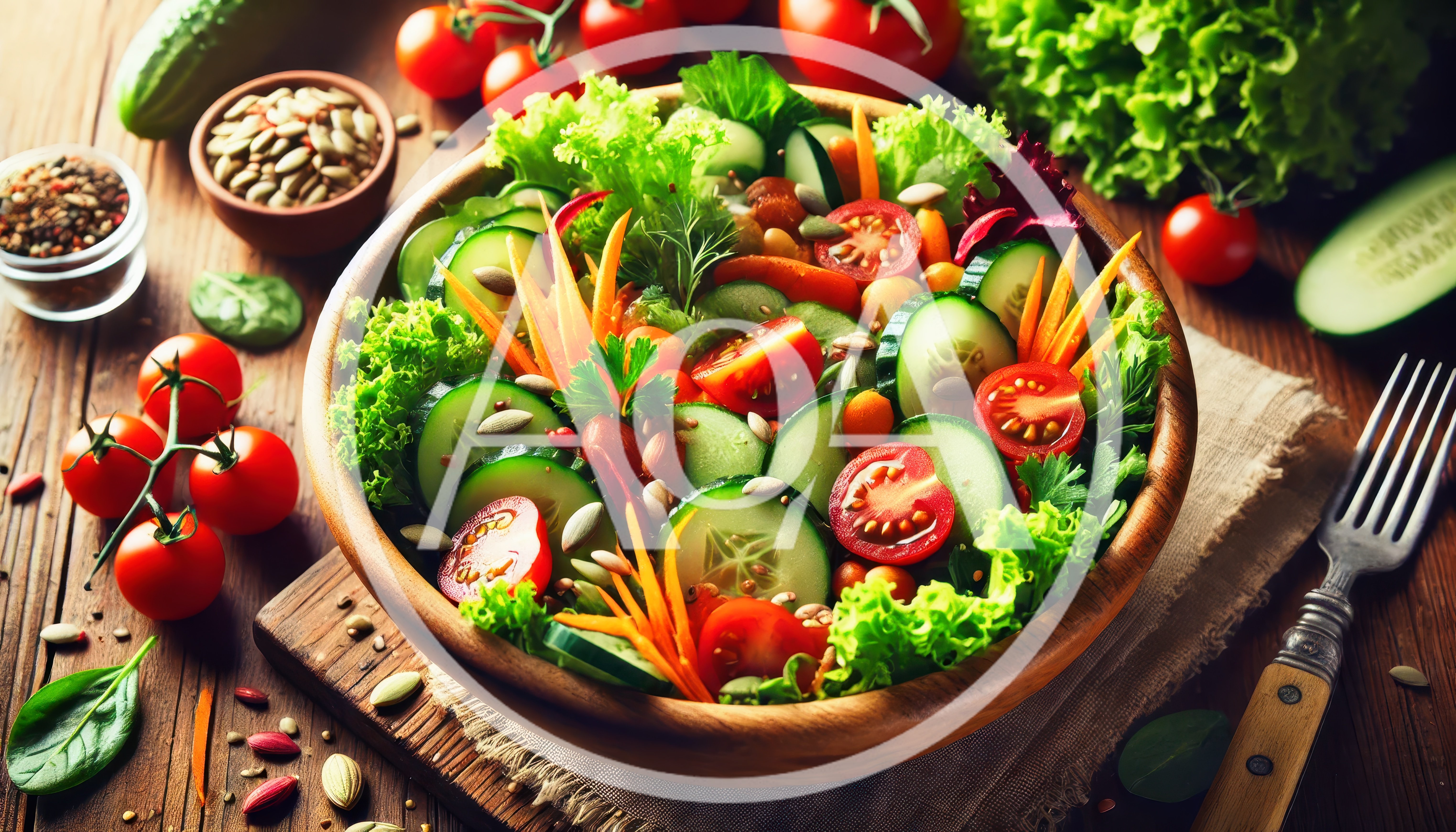Fresh Vegetable Salad In A Wooden Bowl