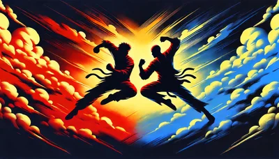 Dynamic Silhouette Martial Arts Fighters In Midair Combat