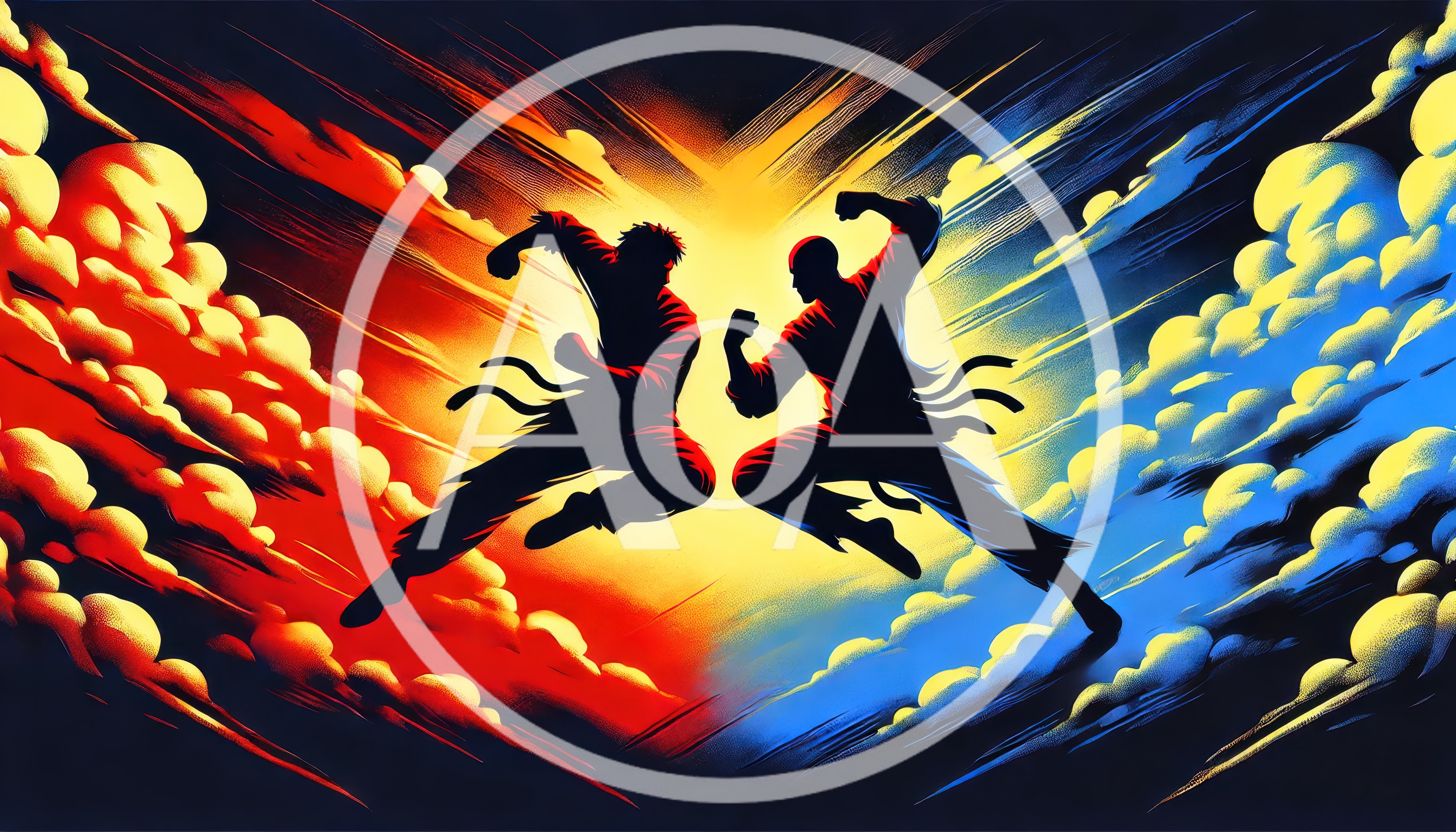 Dynamic Silhouette Martial Arts Fighters In Midair Combat