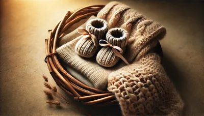 Knitted Baby Booties in a Wicker Basket