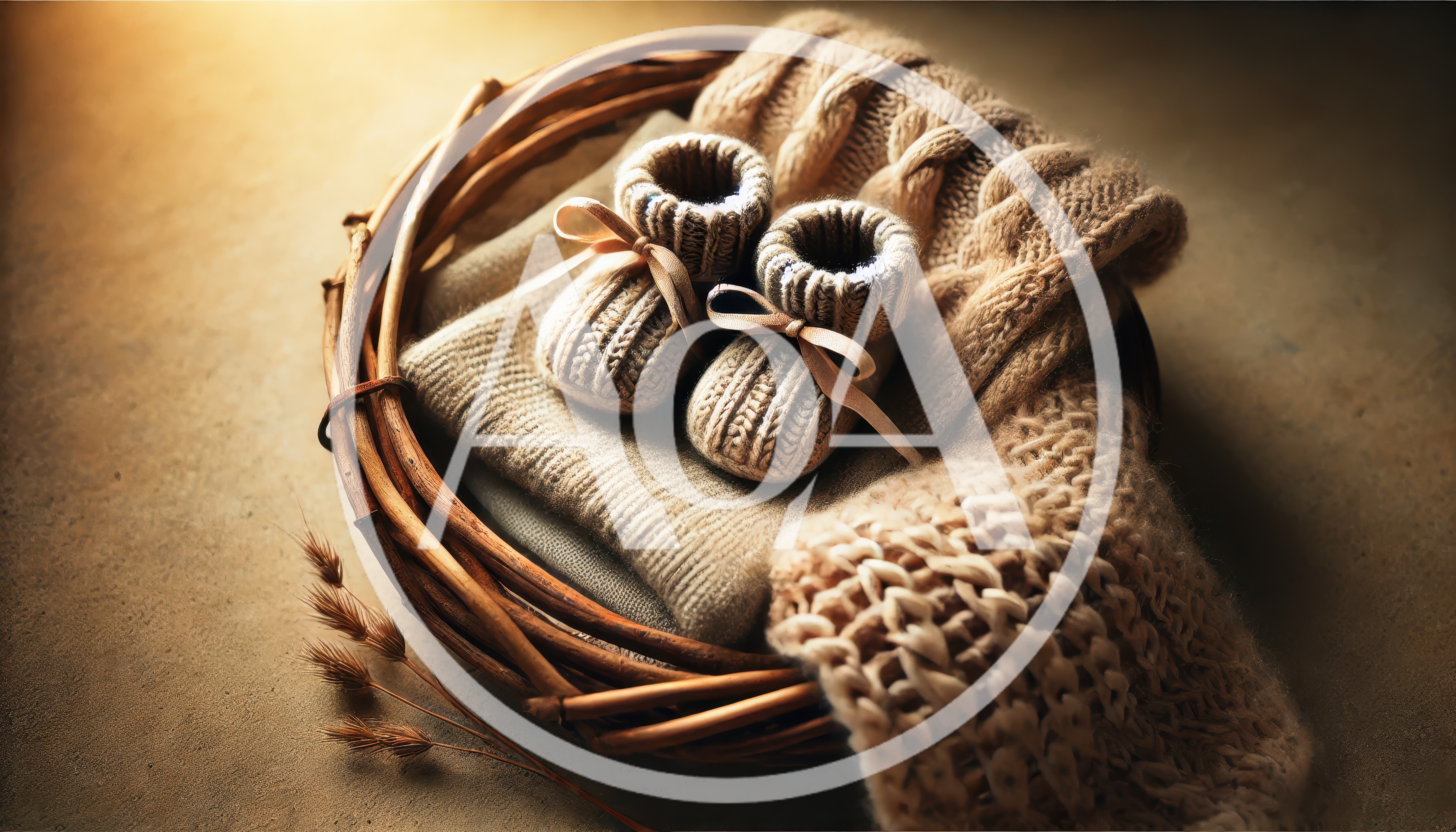 Knitted Baby Booties in a Wicker Basket