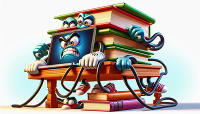 Angry Cartoon Laptop Character With Books