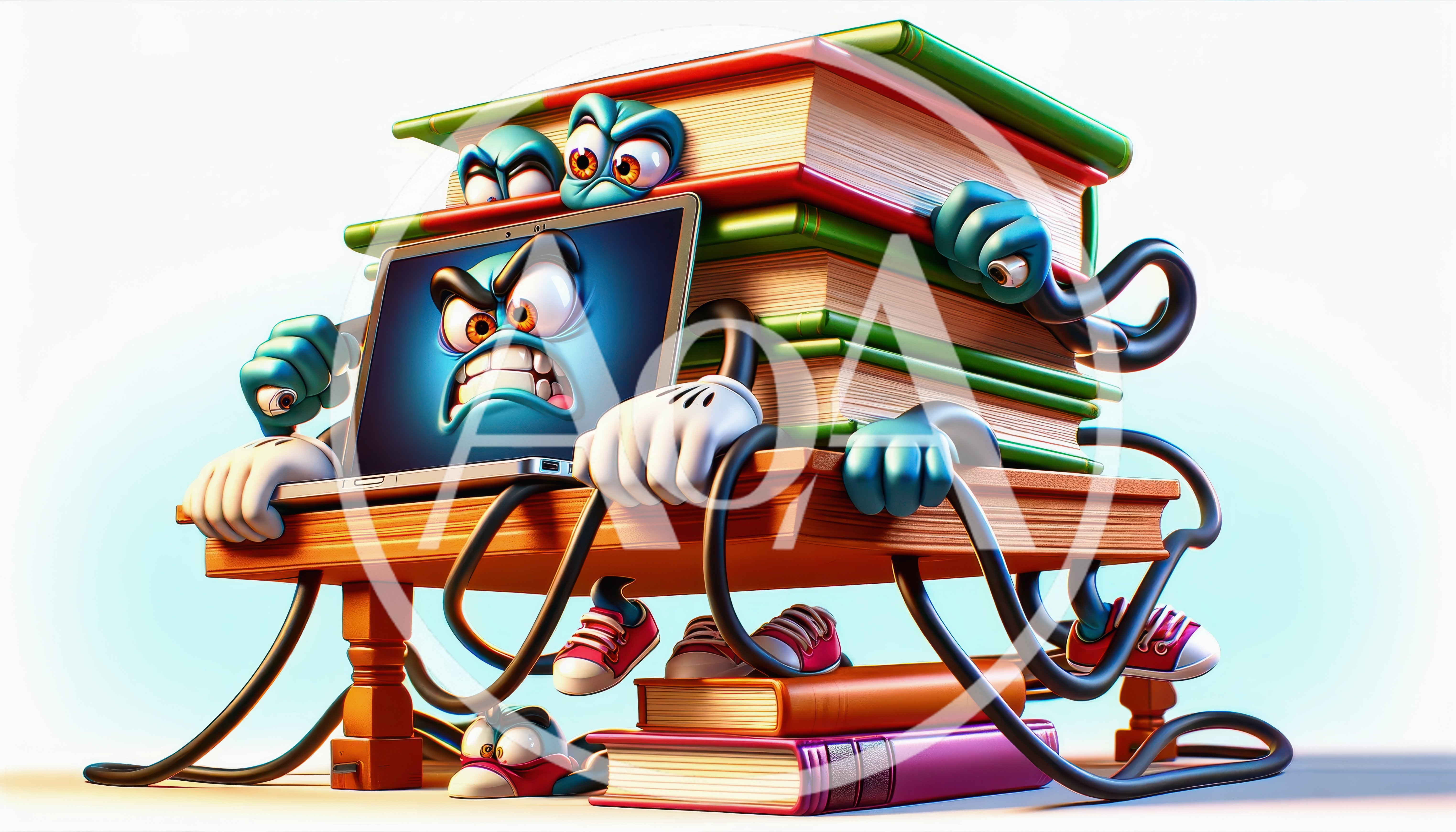 Angry Cartoon Laptop Character With Books