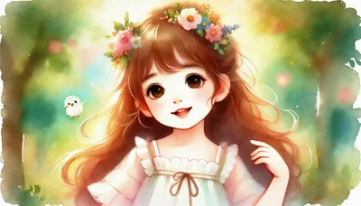 Watercolor Illustration Of A Young Girl With Flowers
