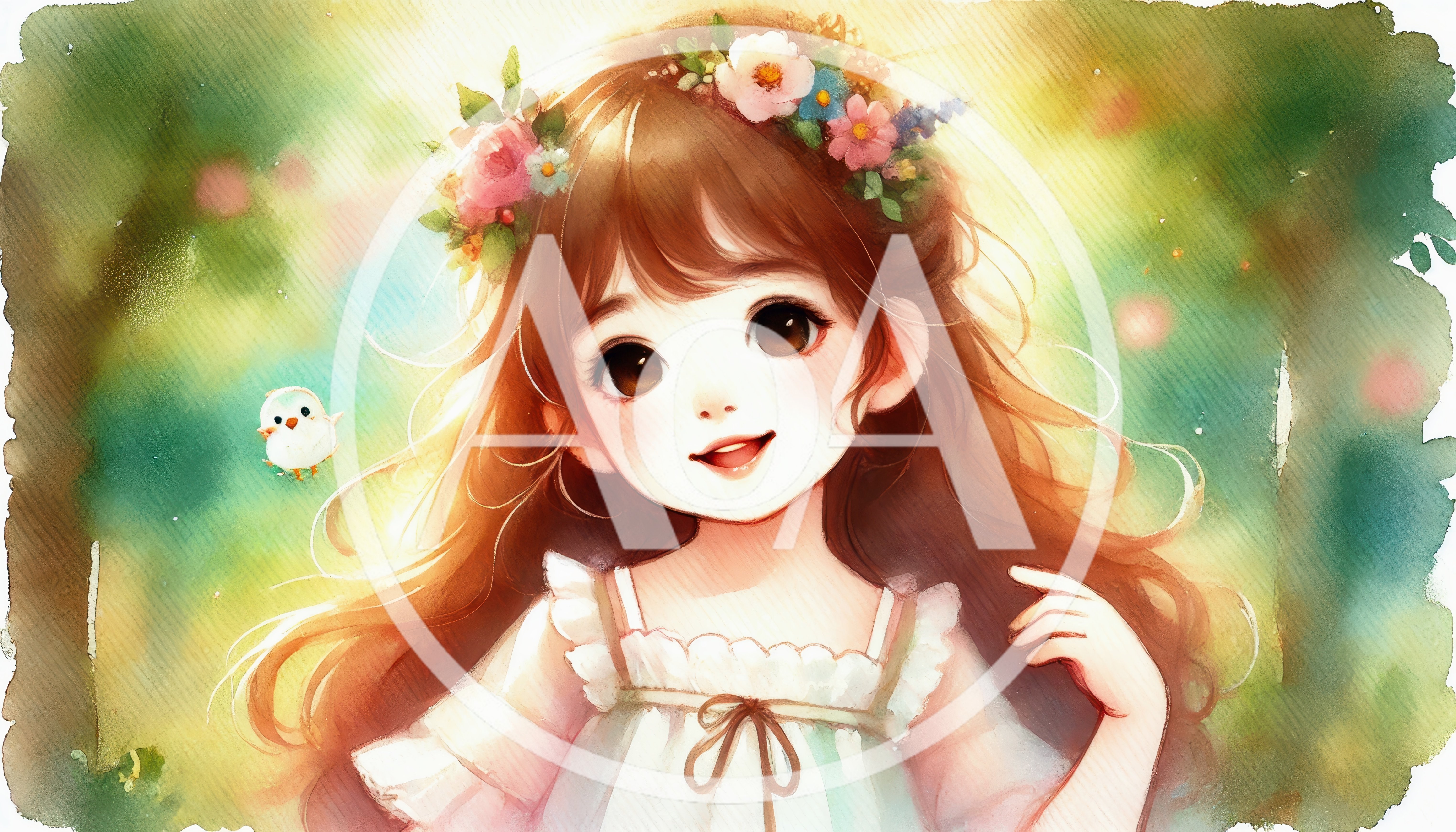 Watercolor Illustration Of A Young Girl With Flowers