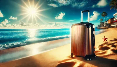 Modern Suitcase Standing on a Sunny Tropical Beach