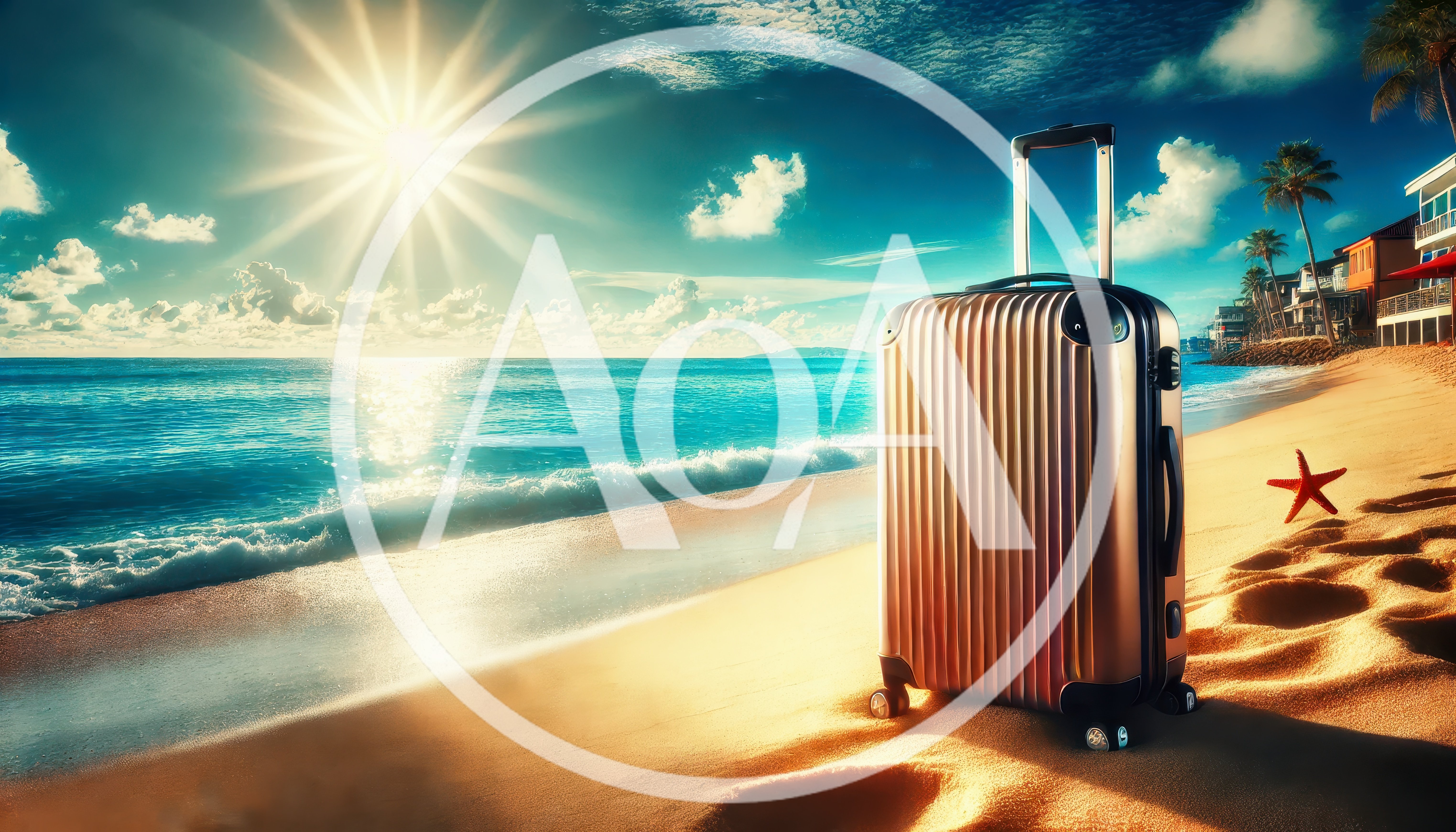 Modern Suitcase Standing on a Sunny Tropical Beach