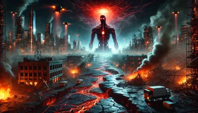 Giant Alien Entity Overlooking A Destroyed Futuristic City