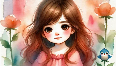 Watercolor Illustration Of A Cute Girl With Flowers