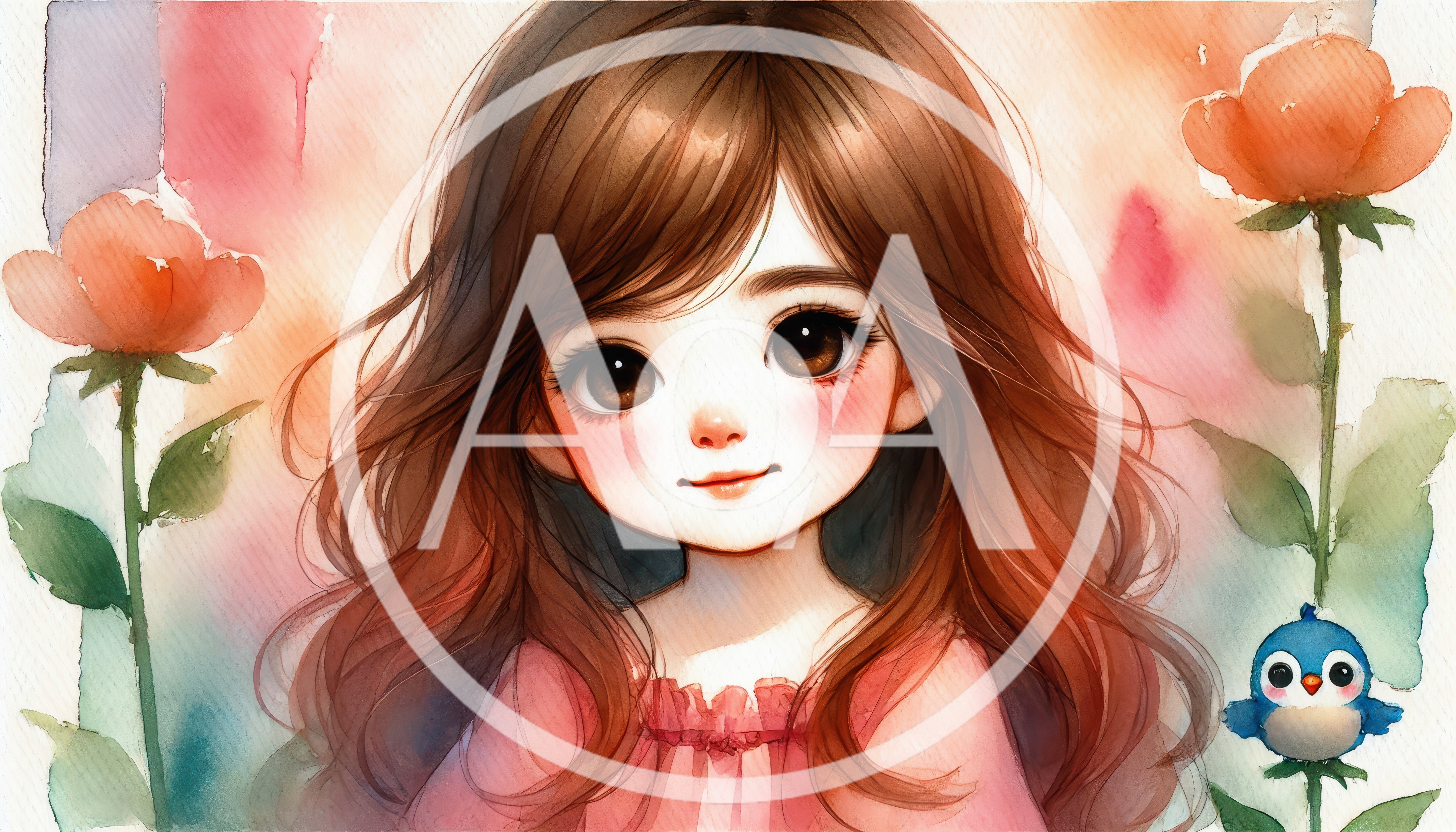Watercolor Illustration Of A Cute Girl With Flowers