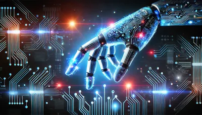 Futuristic Robotic Hand Interacting With Digital Circuitry