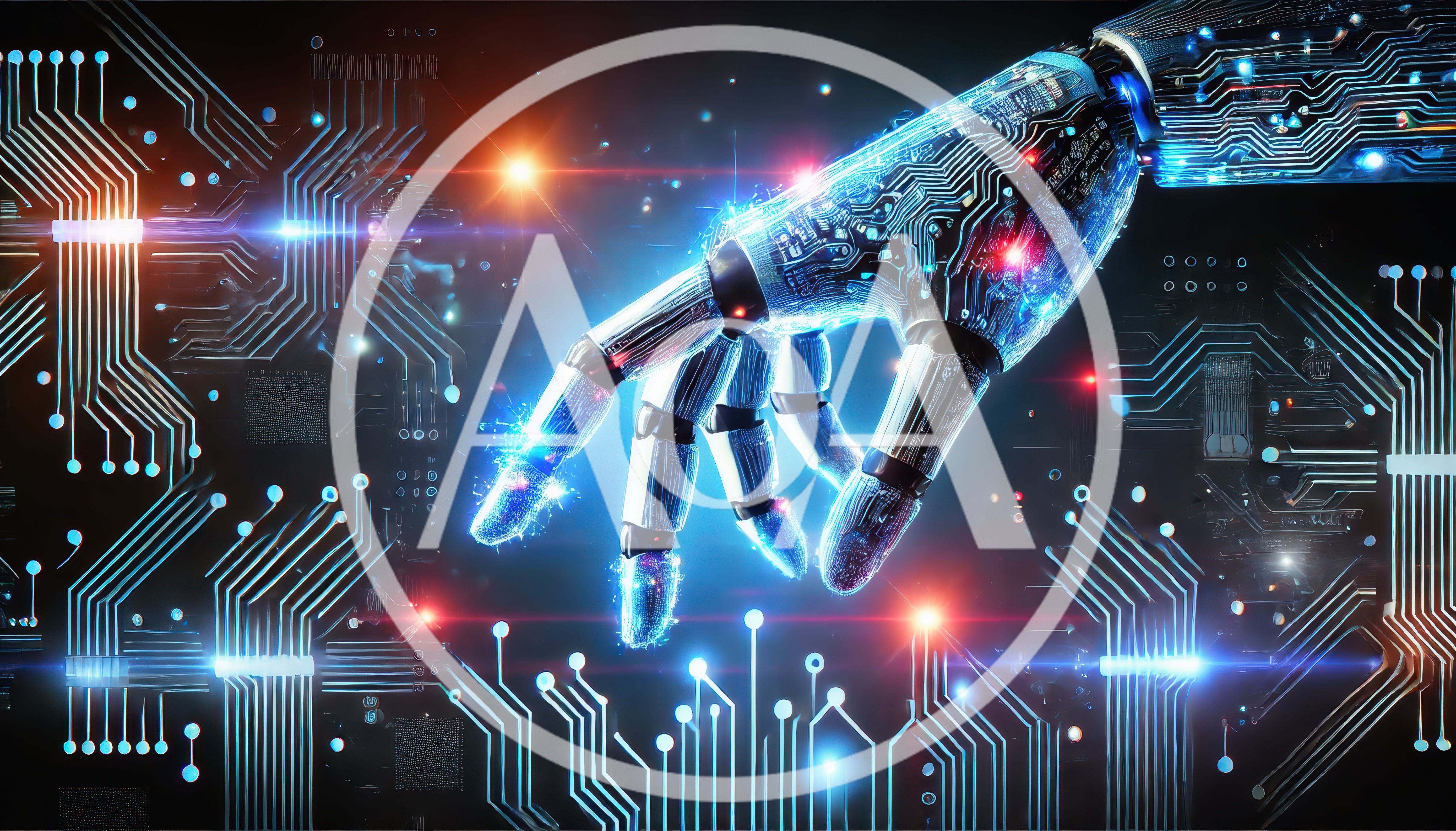 Futuristic Robotic Hand Interacting With Digital Circuitry