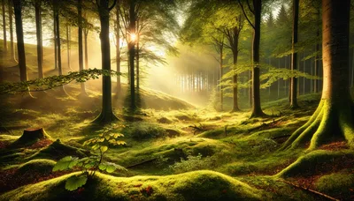 Sunlight Streaming Through A Lush Mossy Forest