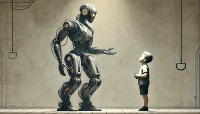 Futuristic Robot Interacting With A Young Boy