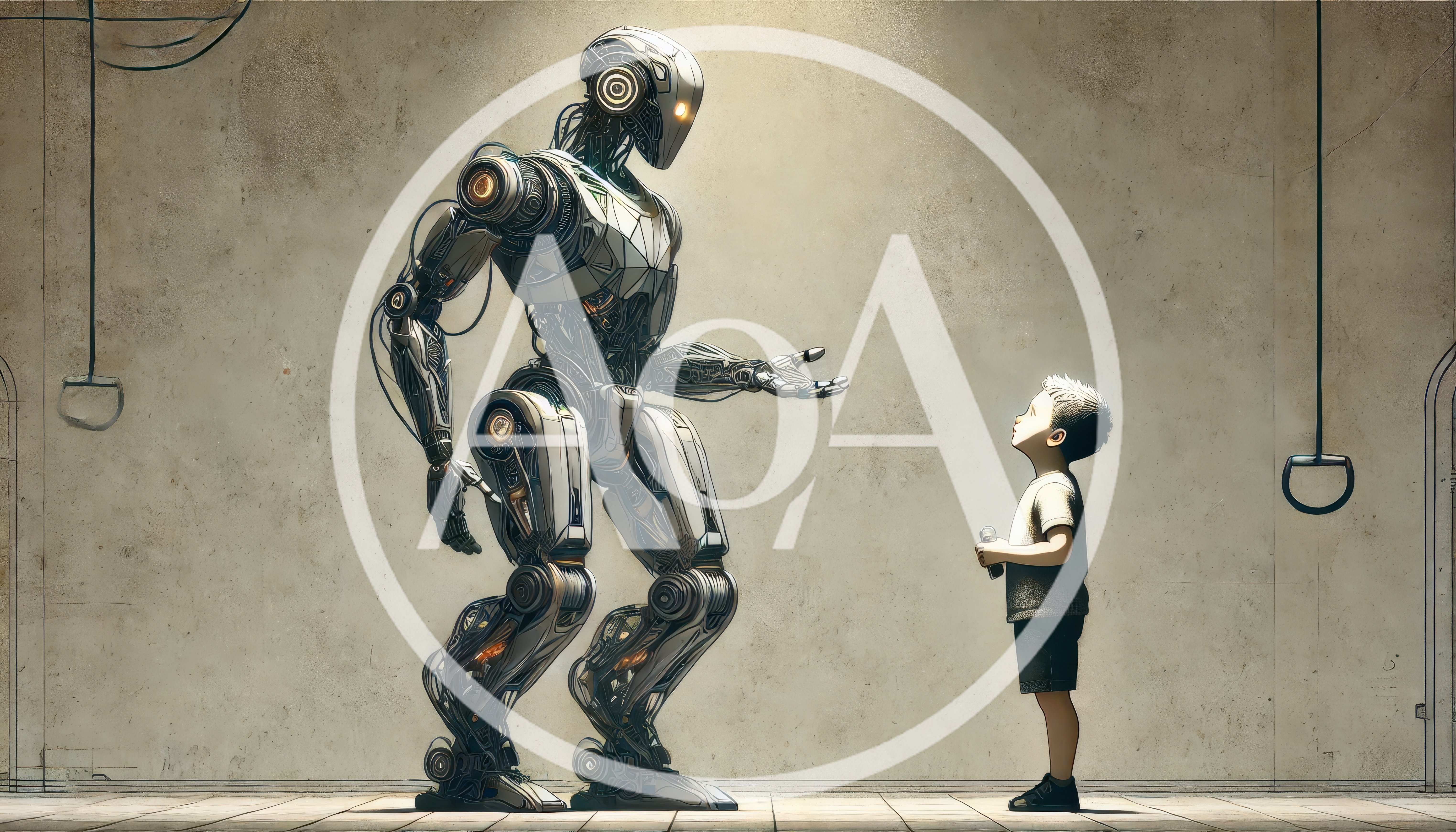 Futuristic Robot Interacting With A Young Boy
