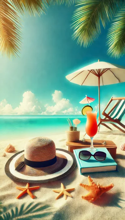 Summer Beach Vacation Scene With Cocktail And Hat