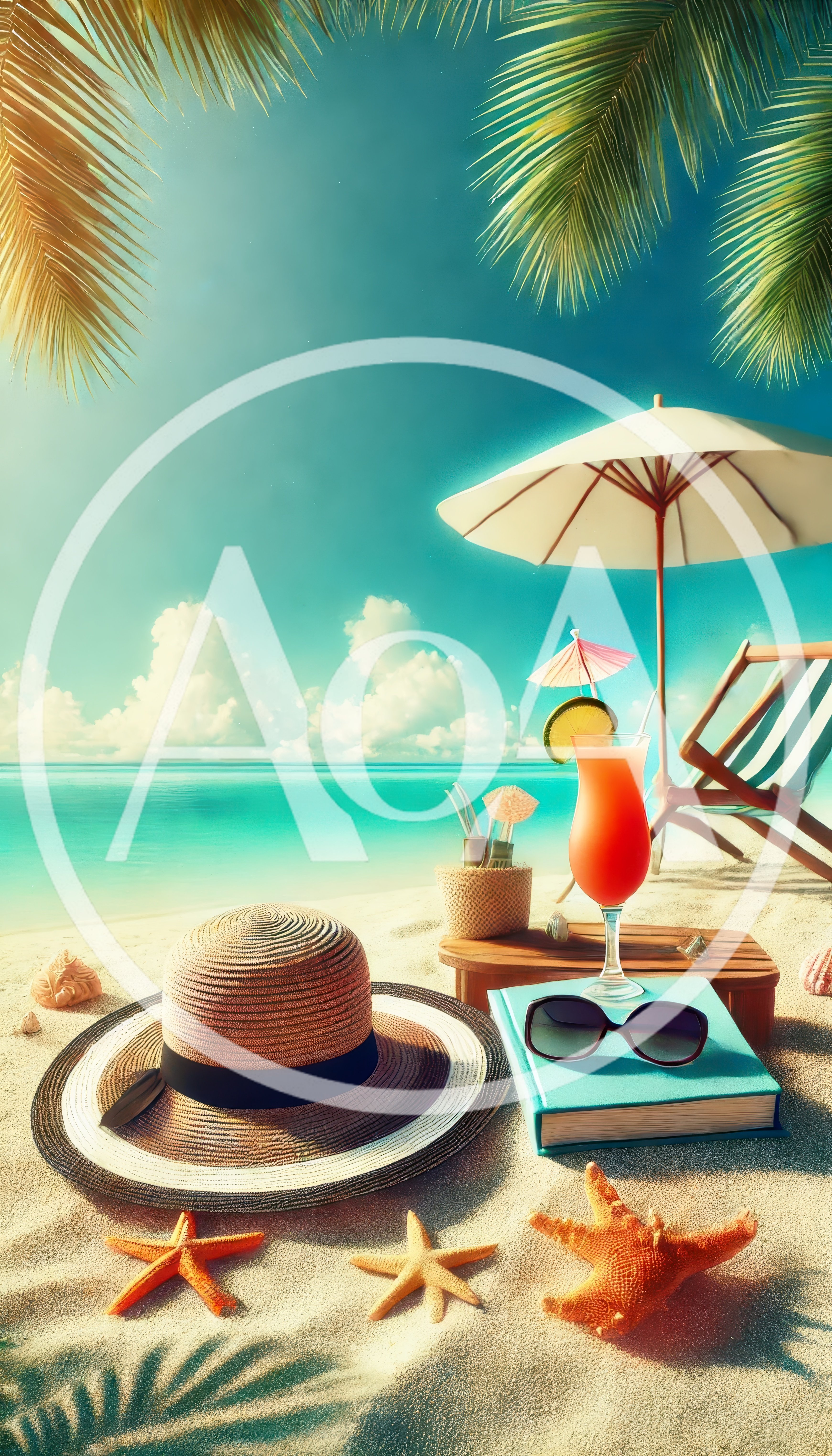 Summer Beach Vacation Scene With Cocktail And Hat