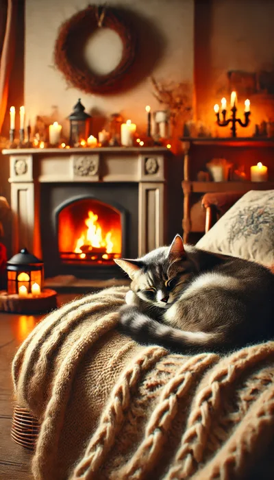 Tabby Cat Sleeping On A Cozy Knitted Blanket