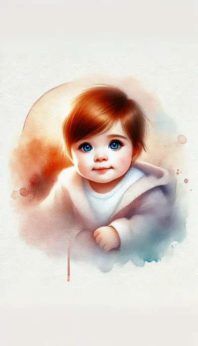 Watercolor Portrait Of A Cute Baby With Blue Eyes