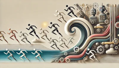 Abstract Humanoid Figures Running Toward Mechanical Technology