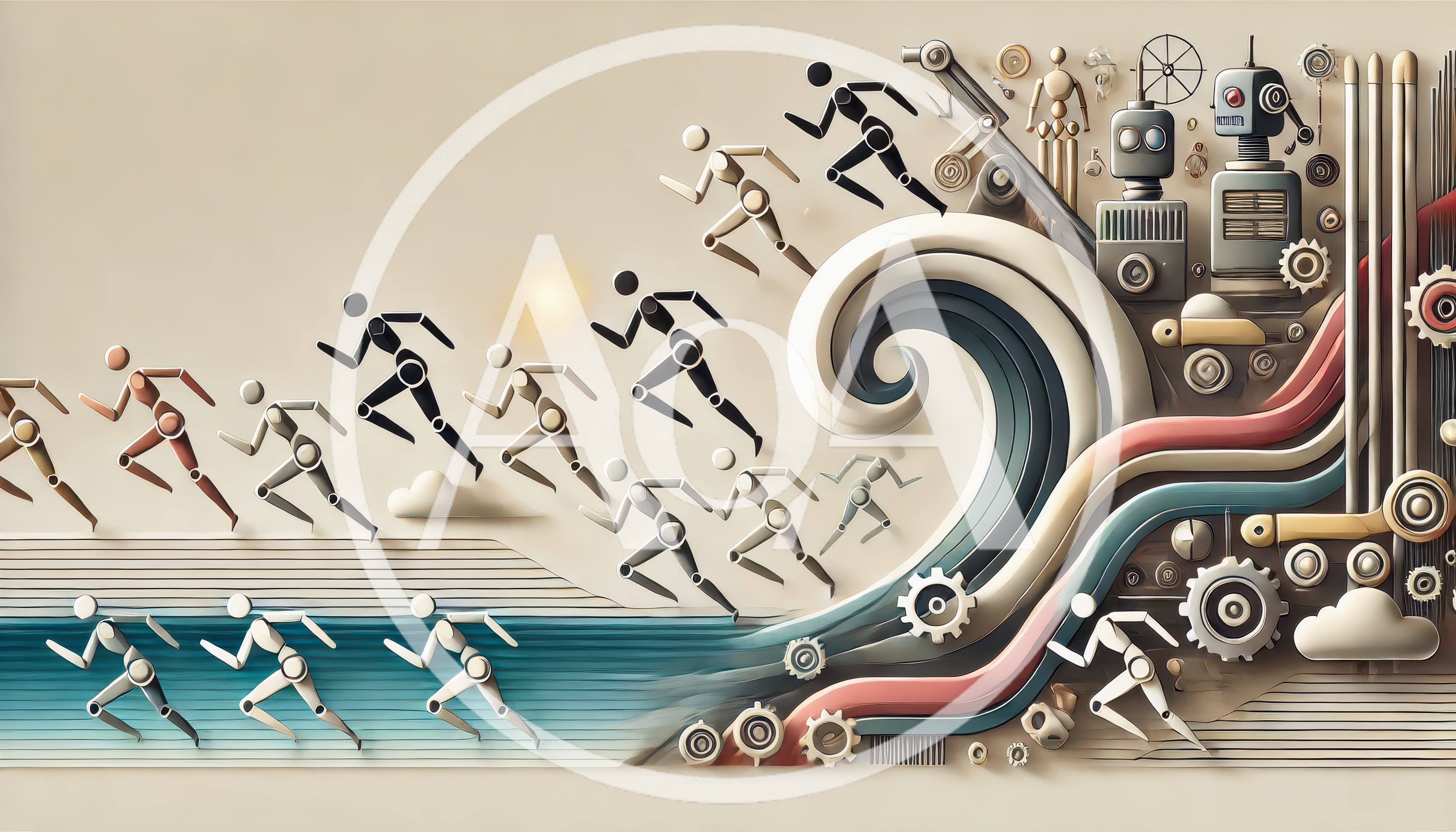 Abstract Humanoid Figures Running Toward Mechanical Technology
