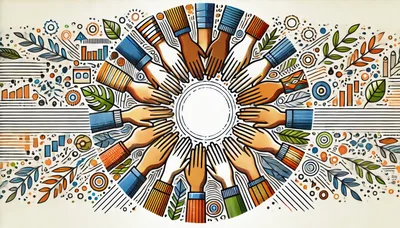 Diverse Hands Reaching Toward Center Circle Illustration