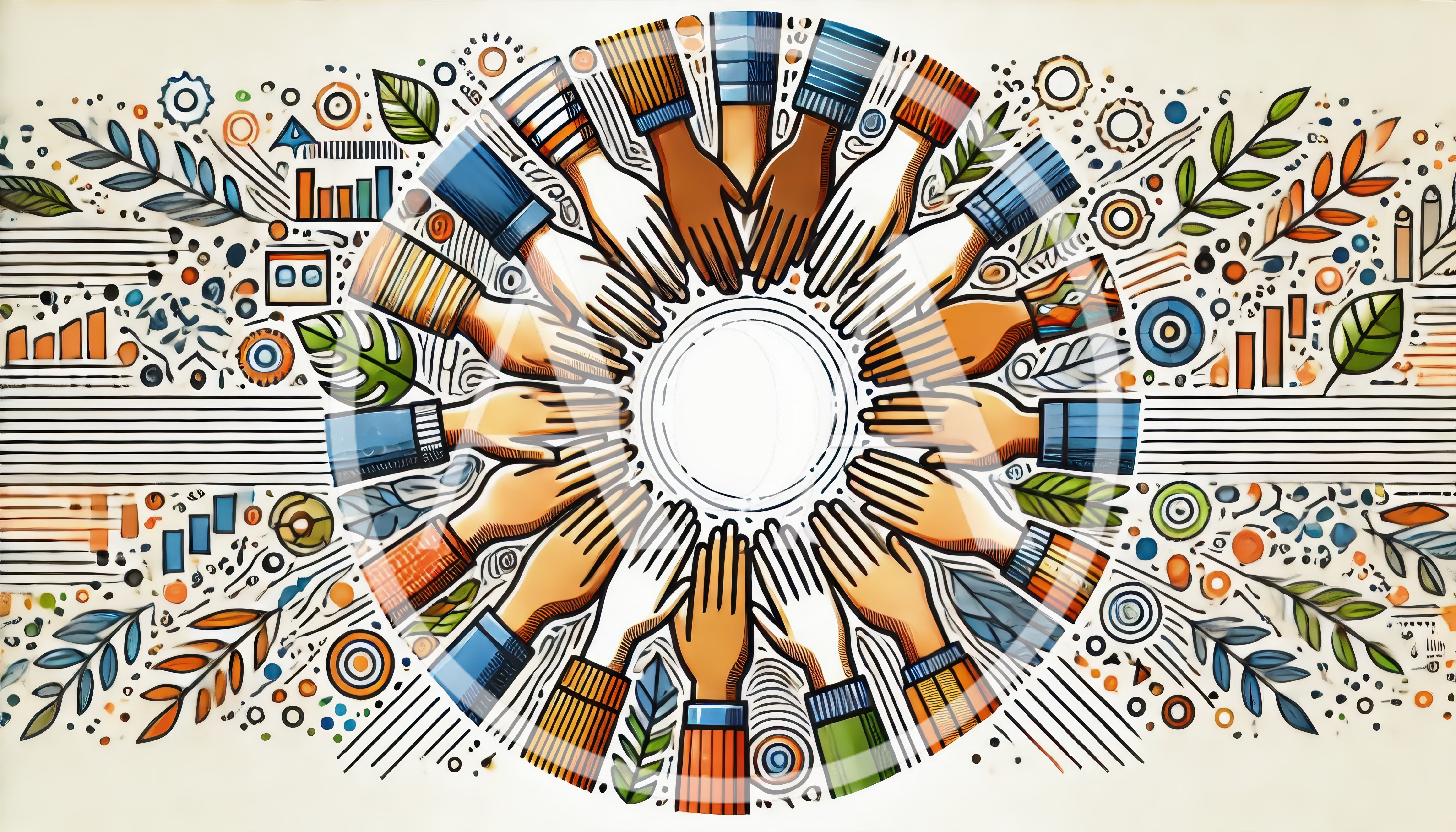 Diverse Hands Reaching Toward Center Circle Illustration