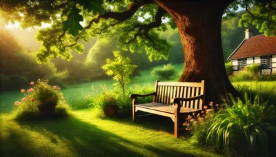 Wooden Bench Under Large Tree In Sunny Garden