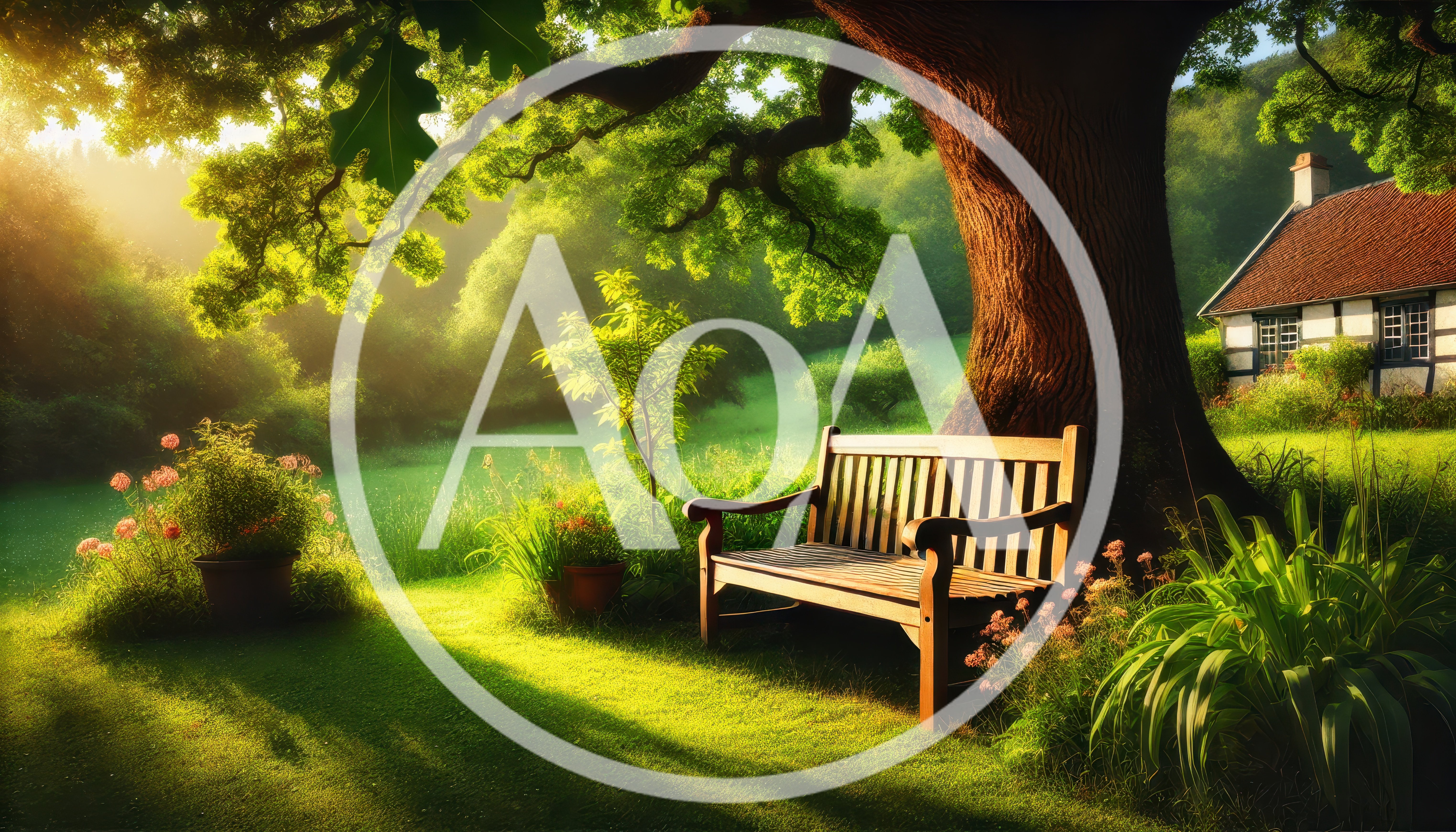 Wooden Bench Under Large Tree In Sunny Garden