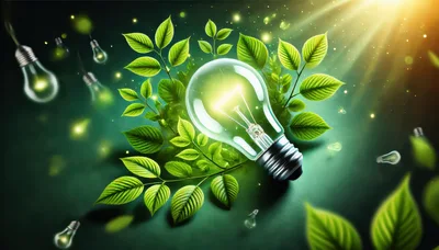 Glowing Light Bulb Surrounded By Green Leaves
