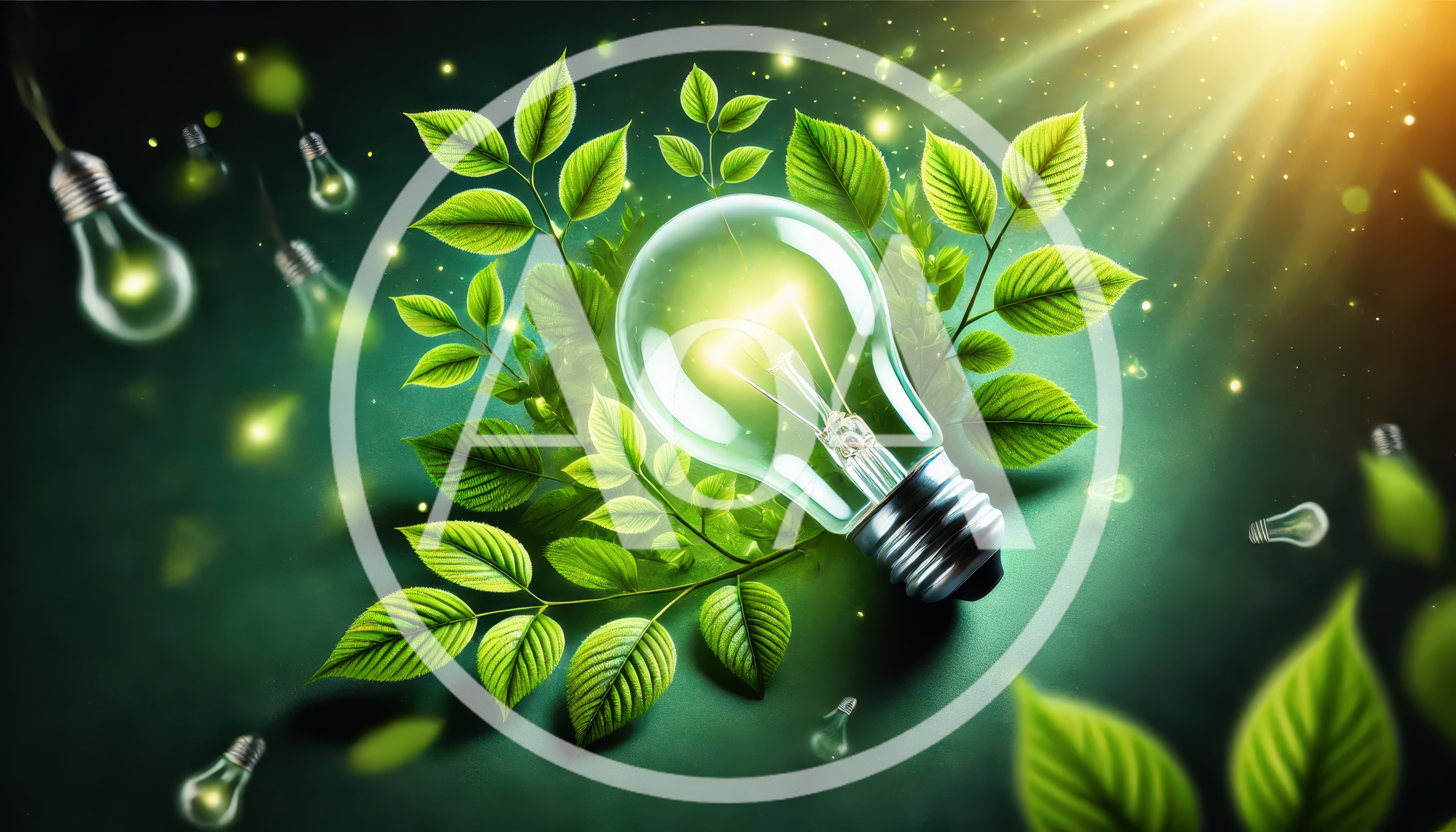Glowing Light Bulb Surrounded By Green Leaves