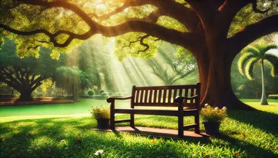 Wooden Park Bench Under Large Tree In Sunny Garden