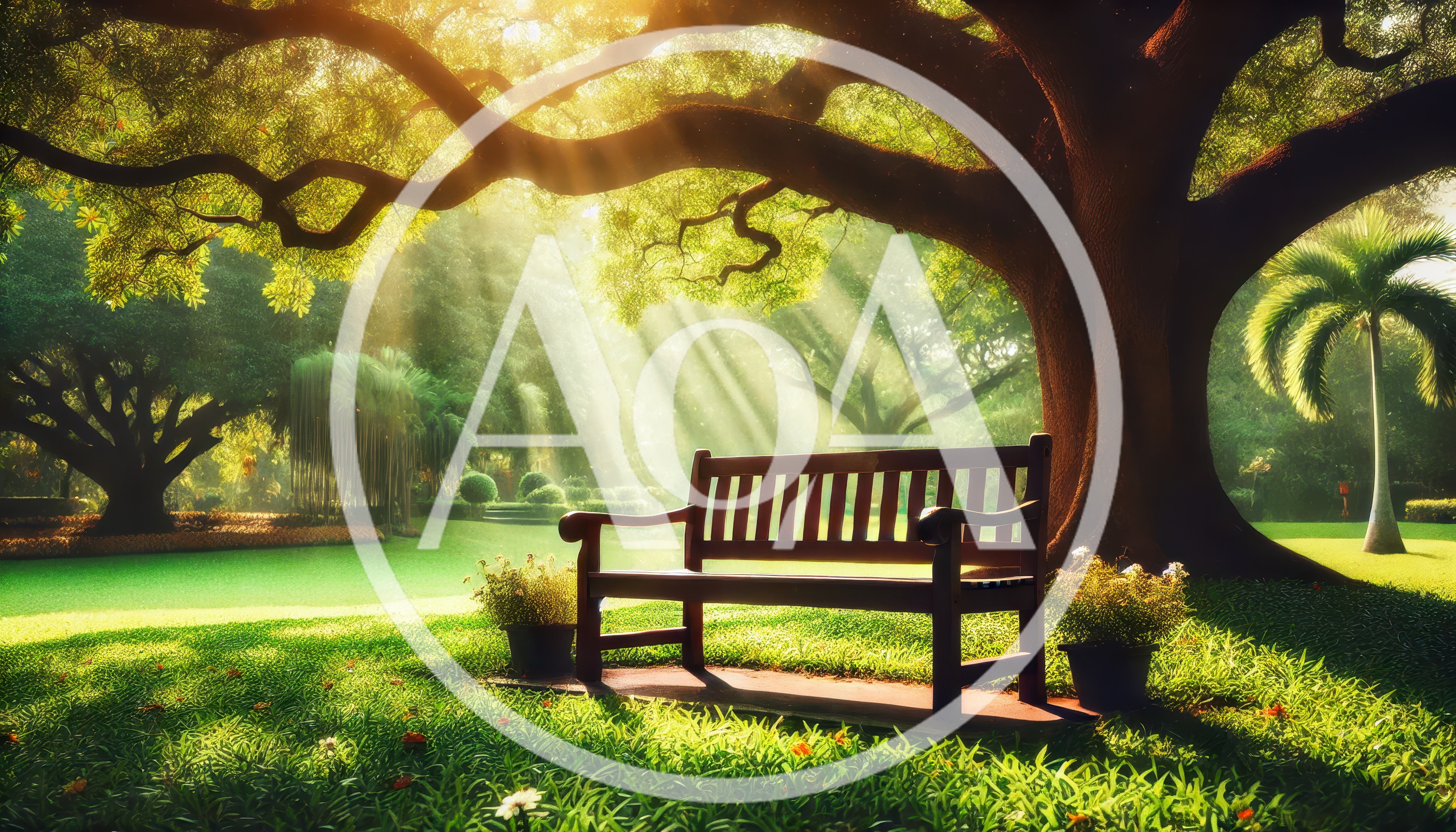 Wooden Park Bench Under Large Tree In Sunny Garden