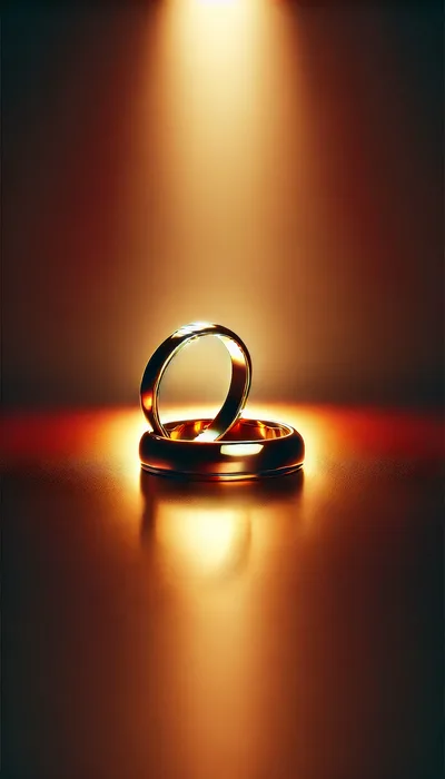 Two Golden Wedding Rings Under Warm Spotlight