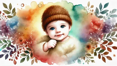 Watercolor Illustration Of A Cute Baby In A Beanie