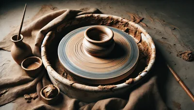Pottery Wheel With Clay Vessel In Workshop
